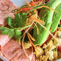 Vegan Tofu Scramble served on a SIDE PLATE—please report that even so, the top portion of the plate is empty.   at Kayu Lembongan in Lembongan