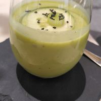 Green Gazpacho with cucamber, leak and avocado (if I am not mistaken?). Delicious anyway! at Corredera 55 in Vejer De La Frontera