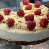 Vegan cheesecake with mango & plum at VegB12 in Tallinn