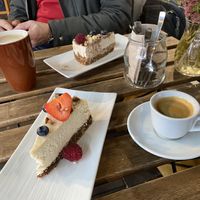 Cakes + espresso and oat milk cappucino.  at VegB12 in Tallinn