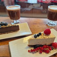 Raw lemon and chocolate-coffee cake plus hot chocolate at VegB12 in Tallinn