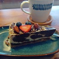 Chocolate cake and coffee at VegB12 in Tallinn