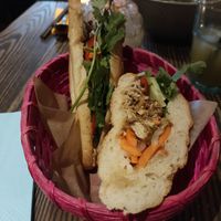 Bánh mì (spicy seitan and tofu, fried with lemongrass, crispy glass noodles, roasted rice, pickled radish and carrots, cucumber, coriander) at 1980 - Cafe and Banh Mi in Cologne