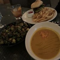 Brussel sprouts, squash soup, and impossible burger with vegan cheese at Root 246 in Solvang