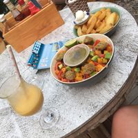 Falafel salad! Chips, mango and banana smoothie mmmmm  at T-Pub in Ninh Binh