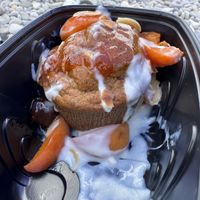 Apricot and almond muffin with soy yogurt (looked better initially but I got it to go)  at Biogstore in Nice