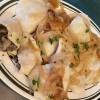 Mushroom stuffed Pierogi stuffed with onions, recommend  at Polska Chata in Rochester