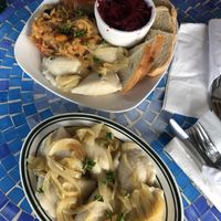 Plate of 6 vegan pierogi and the vegan platter  at Polska Chata in Rochester