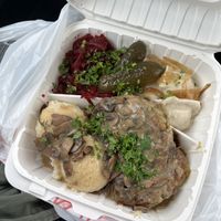 Pirogies, beet salad, mashed potatoes, veggie patties, mushroom gravy and a pickle!! $18 soo worth it!  at Polska Chata in Rochester