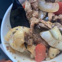 Loaded mac (peppers, onions, mushrooms, “steak” on top of mac & cheese)  at Refocused in Baltimore