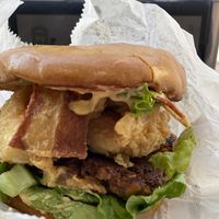 Shrimp and crab cake burger w/ added bacon  at Refocused in Baltimore