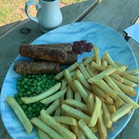 Vegan sausages and chips  at Inn on the Pond in Redhill