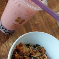 Vegan Boba: Large with black tea, strawberry flavor, regular boba pearls, & oatmilk. Food is vegan drunken noodles with tofu (you choose spice level & they can be really spicy!) at Wok in Wok out in Frederick