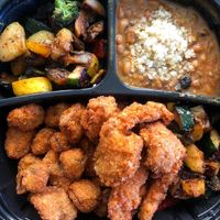 Mixed veggies, black eyed peas, shrimp, oyster mushroom bites.  at I-tal Garden in New Orleans