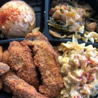 Chicken strips, oyster mushrooms, potato salad, creole greens.  at I-tal Garden in New Orleans