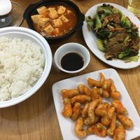 Our second time at this restaurant: Fried shrimp, vermicelli fried, Sichuan tofu and rice  at Thien Phuc in Ha Giang