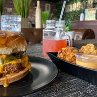 Chick’n Sammy with cheese, fried Mac n cheez balls and strawberry lemonade!  at Wisdom's Vegan Bakery & Cafe in Spring