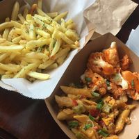 Truffle fries, vegan mac n cheeze, buffalo cauliflower at Wisdom's Vegan Bakery & Cafe in Spring