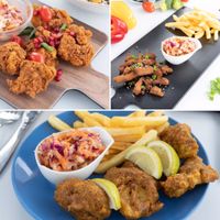 Our Vegan Comfort Foods.
Southern Fried Chikn
Sticky Wings
Fried Vish

 at The Vegan Chef - Midrand in Johannesburg