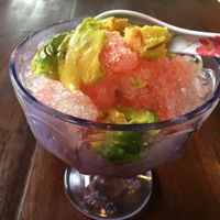 Shaved es (ice) desserts can be made without milk. We didn’t enjoy this one, sadly. Maybe with coconut milk and natural flavors, it would have been better. at Vegan Forever in Denpasar