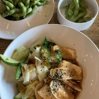 Edamame appetizer and Vegetable teriyaki bowl at Roots in Princeton