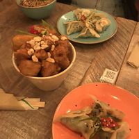 Noodles, dumplings and tempura aubergine  at Ugly Dumpling in London