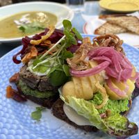 Vegan soup of the day, potato/pea sandwich, nut/mushroom loaf sandwich   at Din Nye Ven in Copenhagen