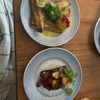 Hummus and rye bread with mushrooms and pickled onions  at Din Nye Ven in Copenhagen