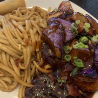 Garlic eggplant with noodles & a vegan spring roll! A favorite meal 🍆🥣🌱  at Best Taste in Bloomington