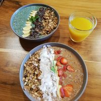 Spirulina Queen and Chocolate Bliss Smoothie Bowls at Radiantly Alive Yoga Cafe in Ubud