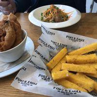 Onion rings (not very nice ginger taste in batter), polenta fries (very nice), bangers and mash with beyond sausage (ok, mash is instant) at Five Peaks Brew Co. in Kaiapoi
