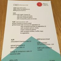 Food menu at filtro in The Hague