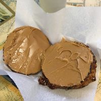 Pretzel bagel with pb at Bloomington Bagel Company in Bloomington