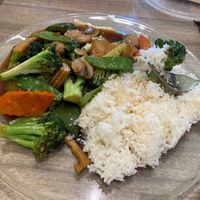 Chinese veggies and rice, played it at home  at Dragon Express in Bloomington
