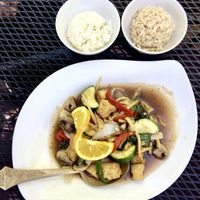 Mixed veggie dish with delicious sauce served with rice.  at Rice in Eagle