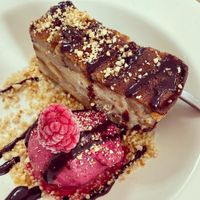 Banana cake with raspberry sorbet 😍  at Pho Nam in Tiverton