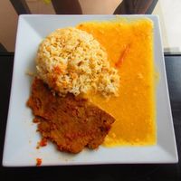 Menu: Main (Bistek with pepian and choclo) at La Esquina Del Sabor in Trujillo
