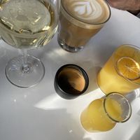 Mimosa, espresso, orange juice and latte  at Bistro Tendresse in Montreal