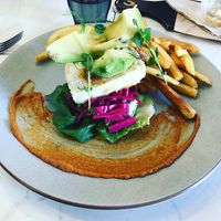 Daily special - tofu burger (with no bun to make it vegan) and fries   at Frank's Eatery in Queenstown