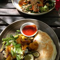 Bombay Brunch Bowl with daal, roti, grilled veggies, mango salsa and minted coconut cream at Provisions of Arrowtown in Arrowtown
