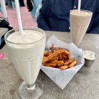 Their vegan milkshakes are amazing! This is vanilla and chocolate. Haven’t tried the strawberry yet but next time. at Stacy's Diner in Koege