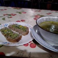 "Wild spinach soup" and "Sourdough toasties with rosemary and wild mustard pesto" at Casa da Horta in Porto
