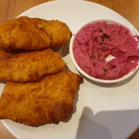 Bhaley starter. Fried bread with chilli hummus dip at Four Friends in Congleton