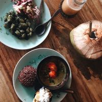 vegan pesto gnocci and curry with red rice at Flowers & Fire in 