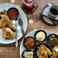 Vegan samosas, vegan mezze plate and watermelon and mint juice.  at Flowers & Fire in 