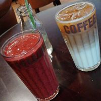 Berry Smoothie and Iced Cappuccino with soy milk at Coffee Fellows - Alexanderplatz in Berlin
