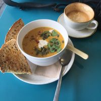 The Cheese with the soup after a coolish bike ride. at Ginger Bees Cafe in Kingston Upon Thames