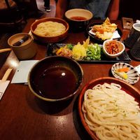Sharing toppings in the middle, deconstructed udon - noodles and broth at Omen Nippon in Kyoto