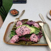 Awesome savory waffles with beets hummus at Matcha Bar in Copenhagen