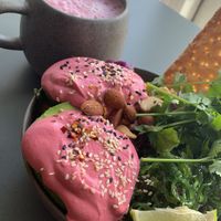 Signature salad and the strawberry and pink pitaya superfood latté! at Matcha Bar in Copenhagen